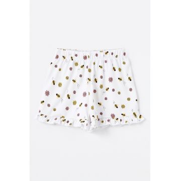 Pantaloni scurti cu model floral si terminatii cu volane Pantaloni scurti cu model floral si terminatii cu volane