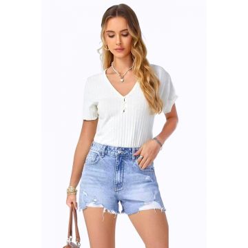Pantaloni scurti de blugi Aura, cu talie inalta si perforatii ample, Albastru deschis