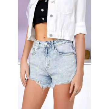 Pantaloni scurti de blugi YOVA, cristale si perforatii ample, Albastru zapada
