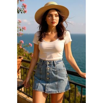 Fusta pantaloni scurti, denim IzaLINDA, inchidere asimetrica cu nasturi, Albastru deschis
