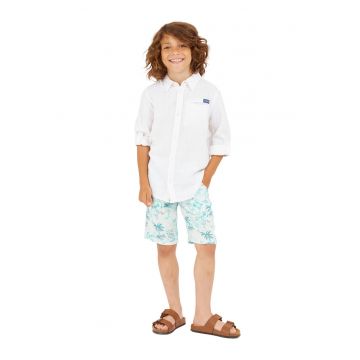 Bermude din amestec de in cu imprimeu tropical - Alb/Turcoaz