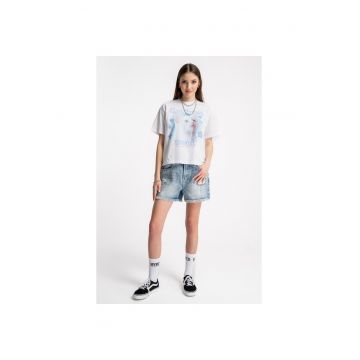 Blugi scurti cu croiala dreapta si aspect decolorat - Albastru