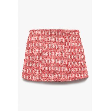 Fusta-pantalon din tuid cu model in carouri - Rosu/Alb