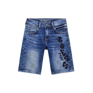 Pantaloni scurti cu aspect decolorat si logo brodat - Albastru