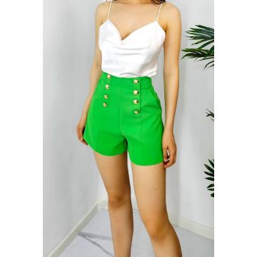 Pantaloni scurti Ysla, cu talie inalta, buzunare laterale si butoni decorativi, Verde