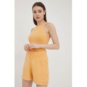 Karl Kani pantaloni scurti femei, culoarea portocaliu, neted, high waist