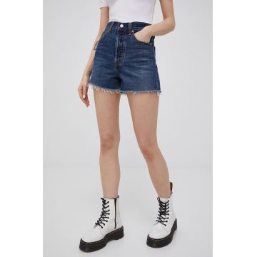Levi's pantaloni scurti jeans femei, culoarea albastru marin, neted, high waist