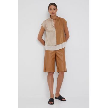 Sisley pantaloni scurti femei, culoarea bej, neted, high waist