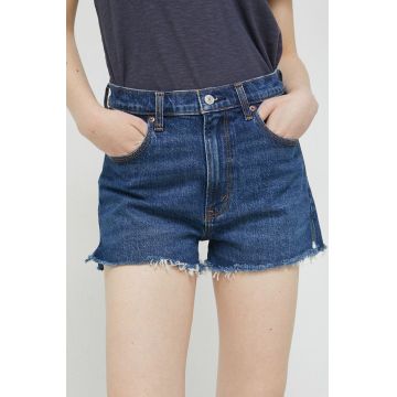 Abercrombie & Fitch pantaloni scurti jeans femei, culoarea albastru marin, neted, high waist