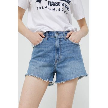 Abercrombie & Fitch pantaloni scurti jeans femei, culoarea albastru marin, neted, high waist