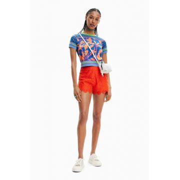 Desigual pantaloni scurti femei, culoarea rosu, neted, high waist