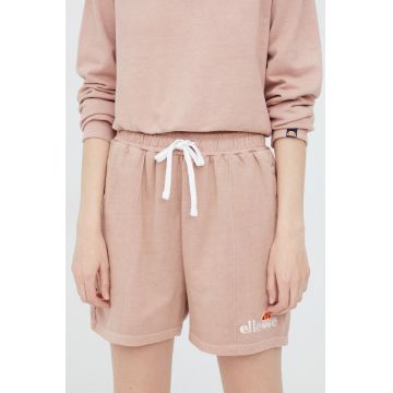Ellesse pantaloni scurți din bumbac femei, culoarea roz, cu imprimeu, high waist SGM13151-PINK