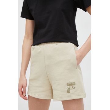 Fila pantaloni scurti din bumbac culoarea bej, cu imprimeu, high waist