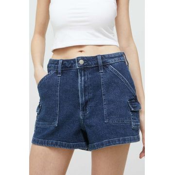 Hollister Co. pantaloni scurti jeans femei, culoarea albastru marin, neted, high waist