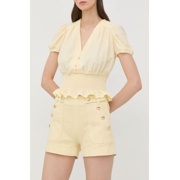 Morgan pantaloni scurti femei, culoarea galben, neted, high waist