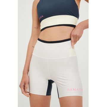 P.E Nation pantaloni scurți de antrenament Outline femei, culoarea bej, cu imprimeu, high waist