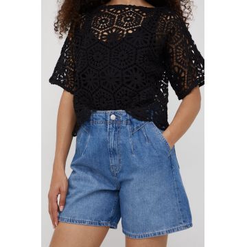 Pepe Jeans pantaloni scurti jeans Stella Adapt femei, culoarea albastru marin, neted, high waist