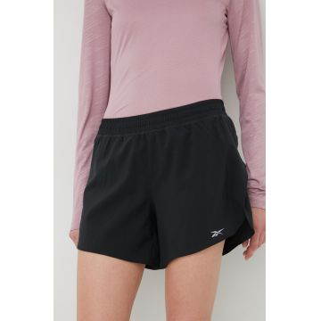 Reebok pantaloni scurți de alergare HA1043 femei, culoarea negru, neted, medium waist