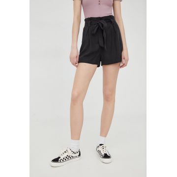Superdry pantaloni scurti femei, culoarea negru, neted, high waist