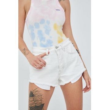 Superdry pantaloni scurti jeans femei, culoarea alb, neted, high waist