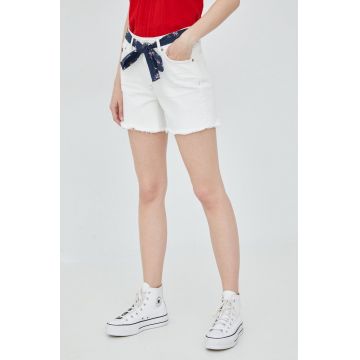Superdry pantaloni scurti jeans femei, culoarea alb, neted, medium waist