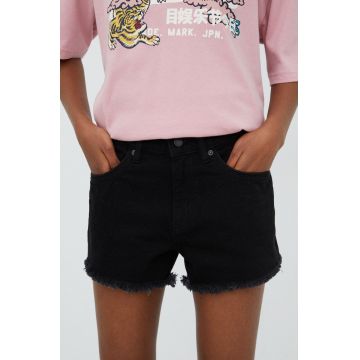 Superdry pantaloni scurti jeans femei, culoarea negru, neted, high waist