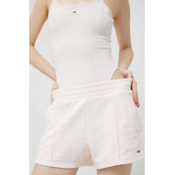 Tommy Jeans pantaloni scurti din bumbac culoarea roz, neted, high waist