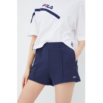 Tommy Jeans pantaloni scurti din bumbac femei, culoarea albastru marin, neted, high waist
