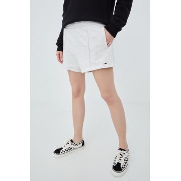Tommy Jeans pantaloni scurti din bumbac femei, culoarea gri, neted, high waist