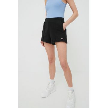 Tommy Jeans pantaloni scurti din bumbac femei, culoarea negru, neted, high waist