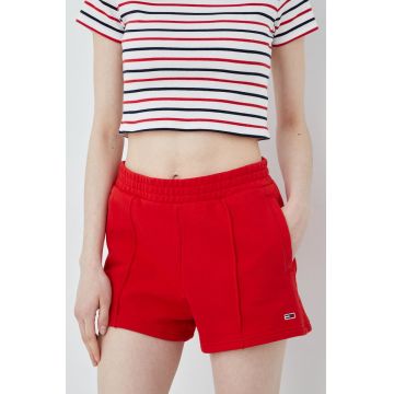 Tommy Jeans pantaloni scurti din bumbac femei, culoarea rosu, neted, high waist Tommy Jeans pantaloni scurti din bumbac femei, culoarea rosu, neted, high waist