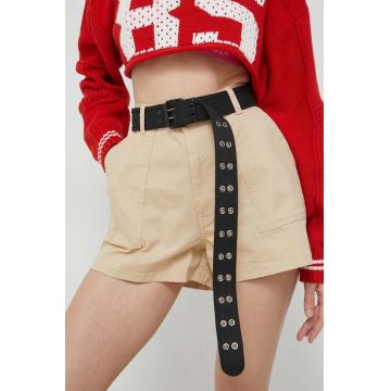 Tommy Jeans pantaloni scurti femei, culoarea bej, neted, high waist