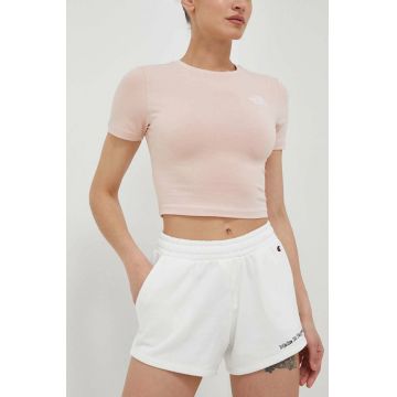 Champion pantaloni scurti femei, culoarea bej, cu imprimeu, high waist