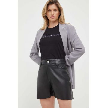 Custommade pantaloni scurti de piele Nava femei, culoarea negru, neted, high waist