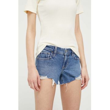 Hollister Co. pantaloni scurti jeans femei, culoarea albastru marin, neted, high waist