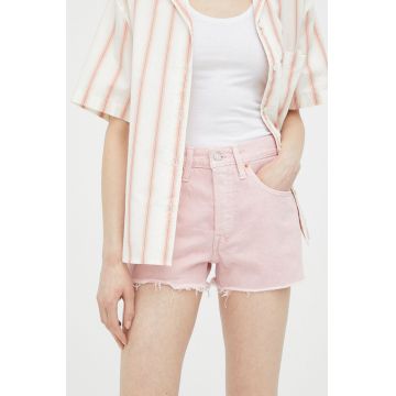 Levi's pantaloni scurti jeans femei, culoarea roz, neted, high waist