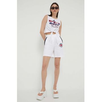 Love Moschino pantaloni scurti din bumbac culoarea alb, cu imprimeu, high waist