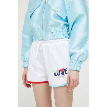 Love Moschino pantaloni scurti femei, culoarea alb, cu imprimeu, high waist Love Moschino pantaloni scurti femei, culoarea alb, cu imprimeu, high waist