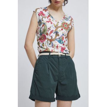 Medicine pantaloni scurti femei, culoarea verde, neted, medium waist