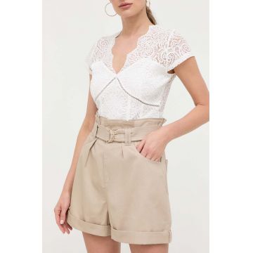 Morgan pantaloni scurti din bumbac culoarea bej, neted, high waist