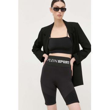 PLEIN SPORT pantaloni scurti femei, culoarea negru, cu imprimeu, high waist
