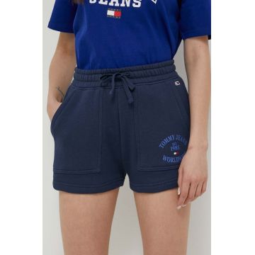 Tommy Jeans pantaloni scurti din bumbac culoarea albastru marin, cu imprimeu, high waist